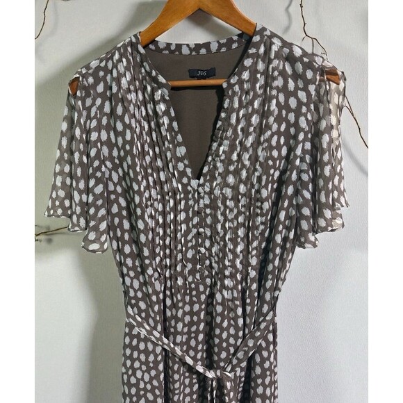 JBS Dress Women’s Size 12 Fit & Flare Midi Brown White Polka Dot Belted - Picture 2 of 5